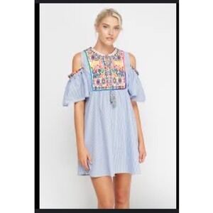 Kate C. Women Medium Stripe Aztec Embroidery Cold Shoulder Blue‎ Mini Dress Boho